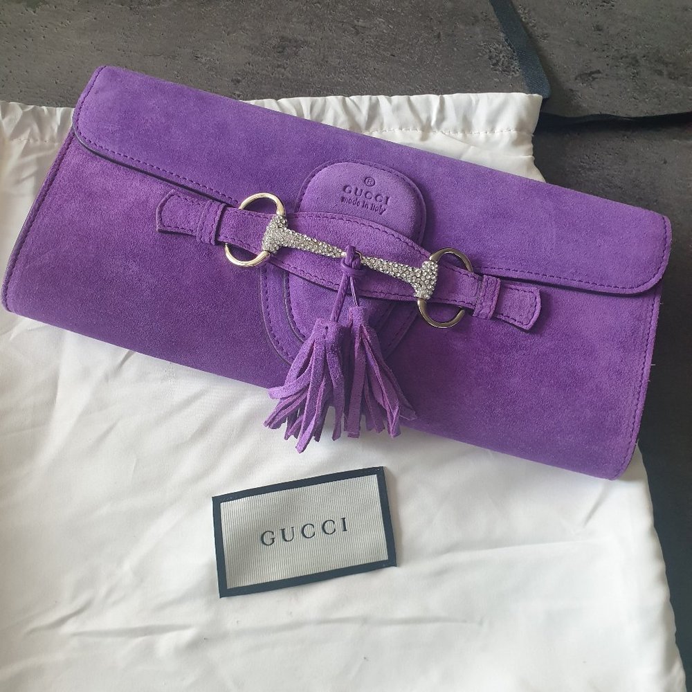 GUCCI BROADWAY SUEDE HORSEBIT CLUTCH - PURPLE